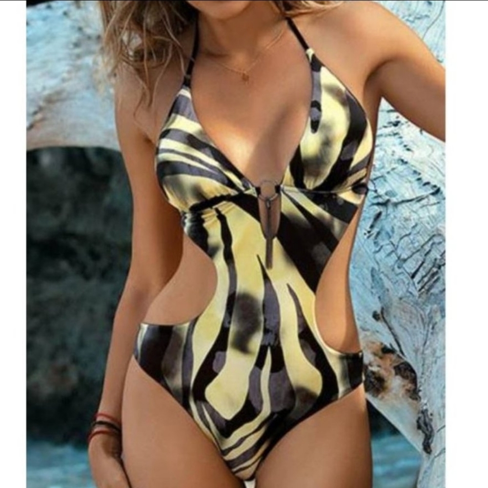 Zebra-Stripe Yellow & Black Cutout One-Piece Swimsuit